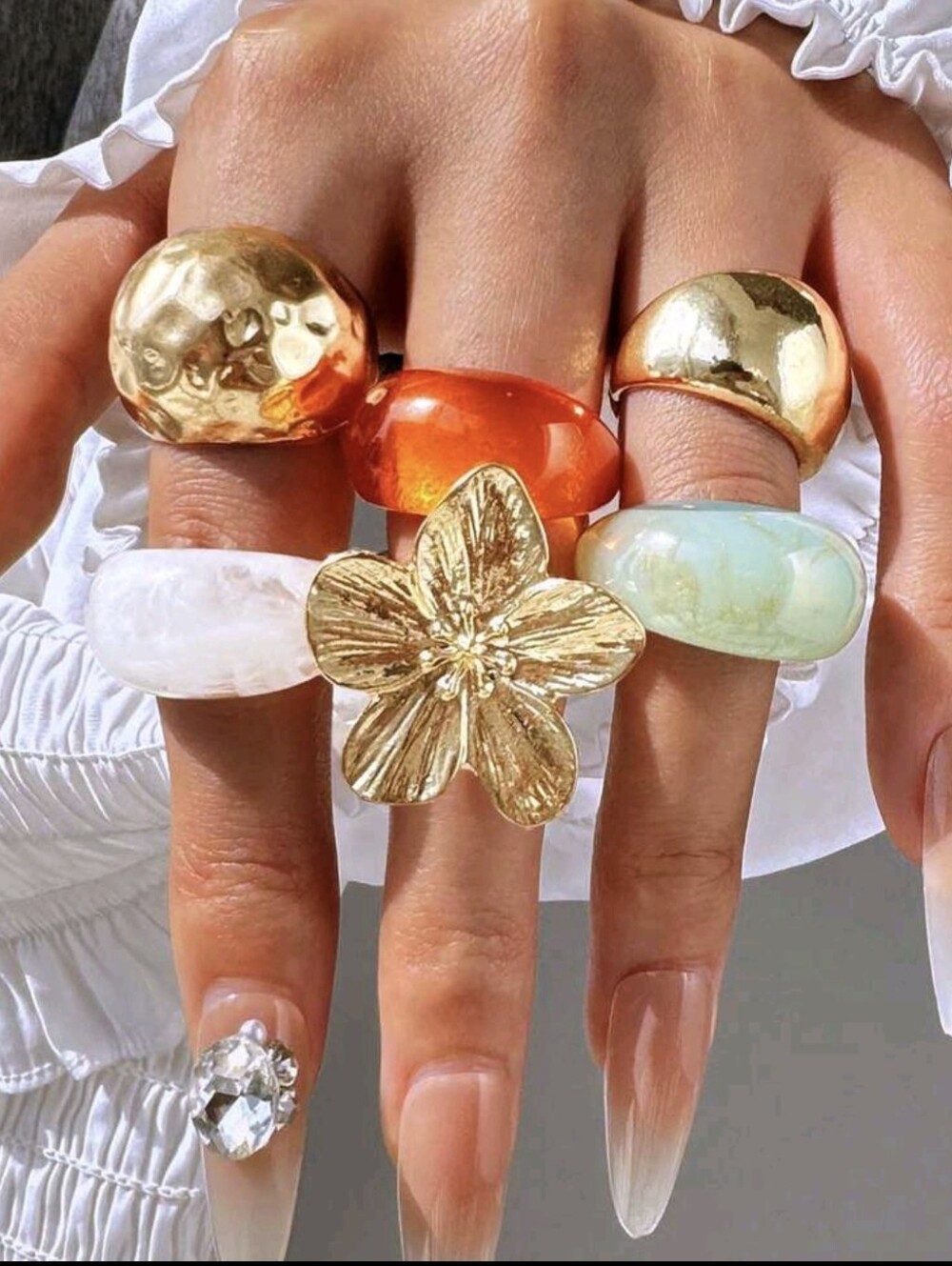 Gold Flower Statement Ring with Multicolor Resin Bands - Women Jewelry